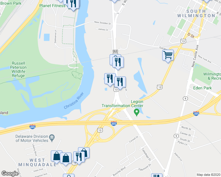 map of restaurants, bars, coffee shops, grocery stores, and more near 1031 South Market Street in Wilmington