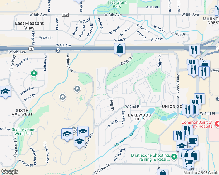 map of restaurants, bars, coffee shops, grocery stores, and more near 400 Zang Street in Lakewood