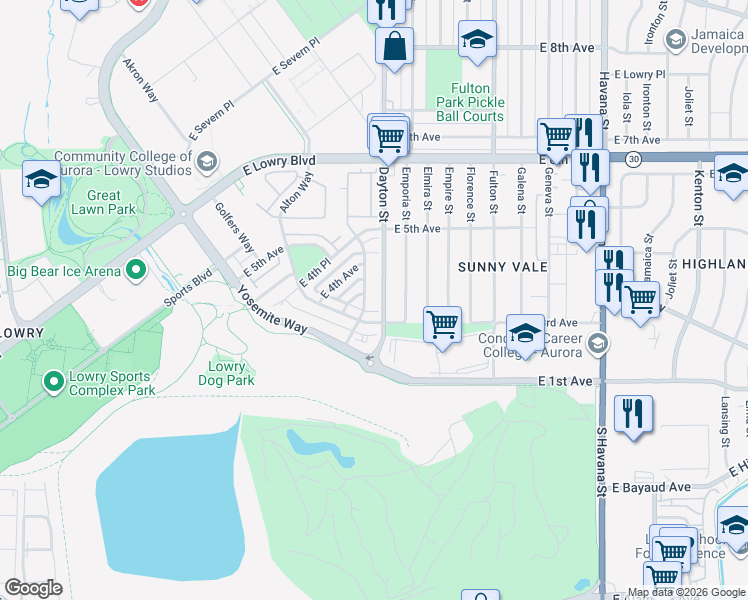map of restaurants, bars, coffee shops, grocery stores, and more near 368 Dallas Street in Denver