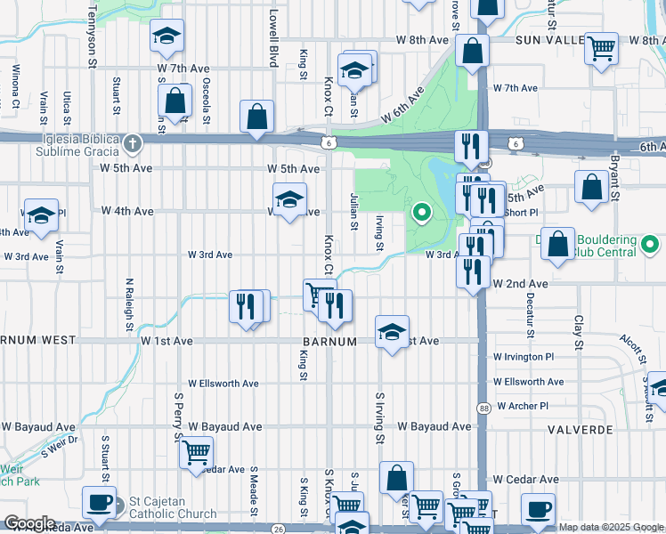 map of restaurants, bars, coffee shops, grocery stores, and more near 301 Knox Court in Denver