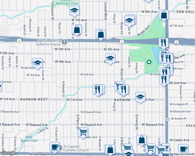 map of restaurants, bars, coffee shops, grocery stores, and more near 3641 West 3rd Avenue in Denver