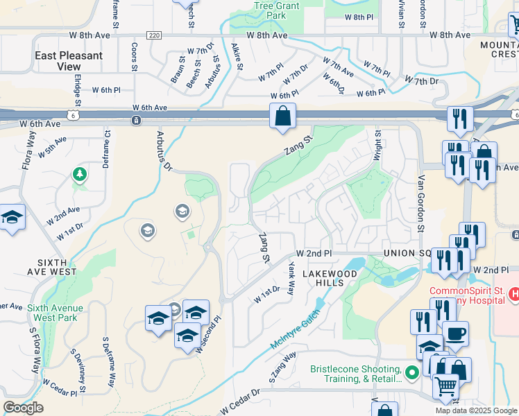 map of restaurants, bars, coffee shops, grocery stores, and more near 407 Zang Street in Lakewood