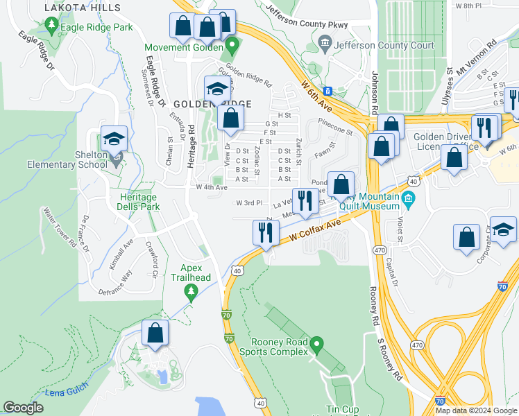 map of restaurants, bars, coffee shops, grocery stores, and more near 18210 West 4th Avenue in Golden