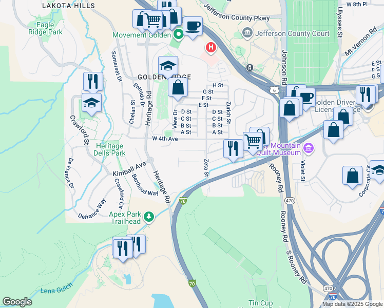 map of restaurants, bars, coffee shops, grocery stores, and more near 18210 West 4th Avenue in Golden