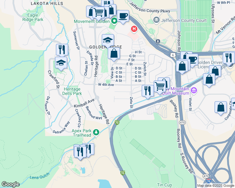 map of restaurants, bars, coffee shops, grocery stores, and more near 18234 West 4th Avenue in Golden