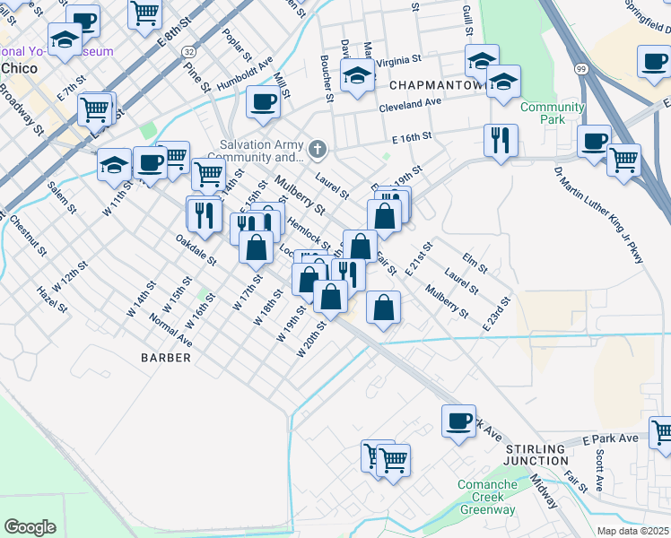map of restaurants, bars, coffee shops, grocery stores, and more near 1909 Hemlock Street in Chico