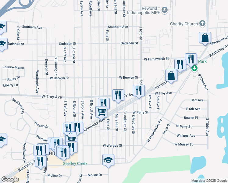 map of restaurants, bars, coffee shops, grocery stores, and more near 2932 Mars Hill Street in Indianapolis