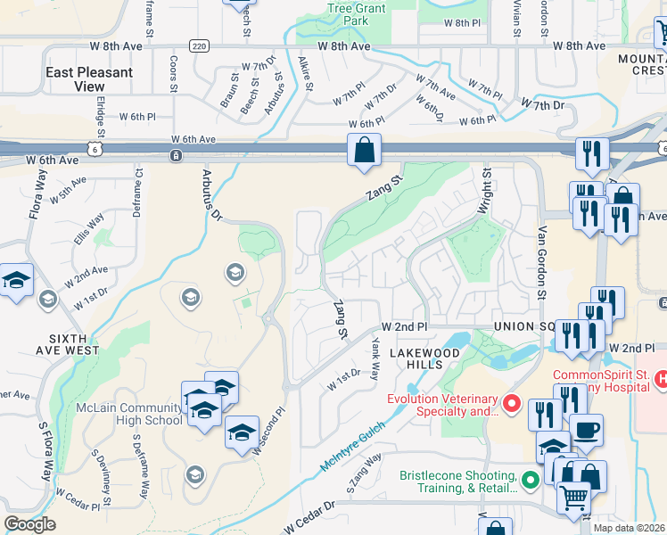map of restaurants, bars, coffee shops, grocery stores, and more near 400 Zang Street in Lakewood
