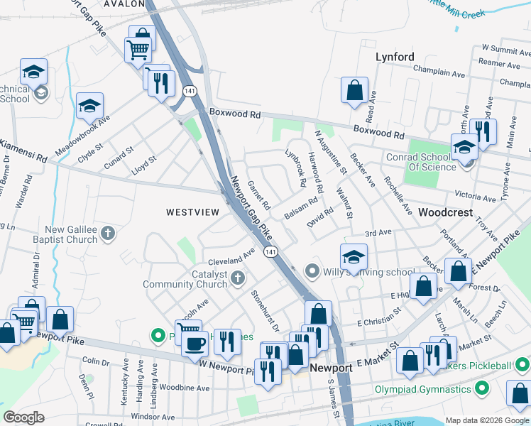 map of restaurants, bars, coffee shops, grocery stores, and more near 705 Garnet Road in Wilmington