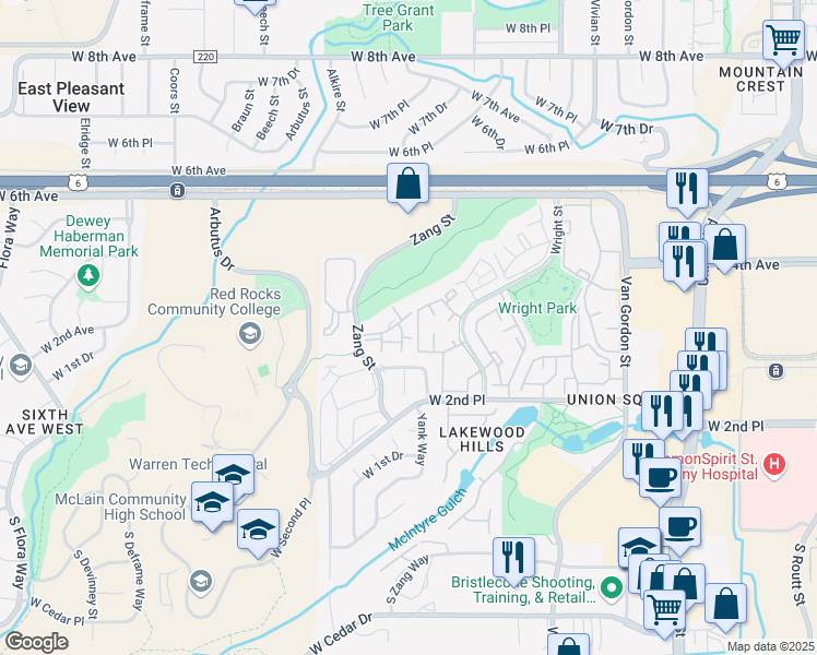 map of restaurants, bars, coffee shops, grocery stores, and more near 430 Zang Street in Lakewood
