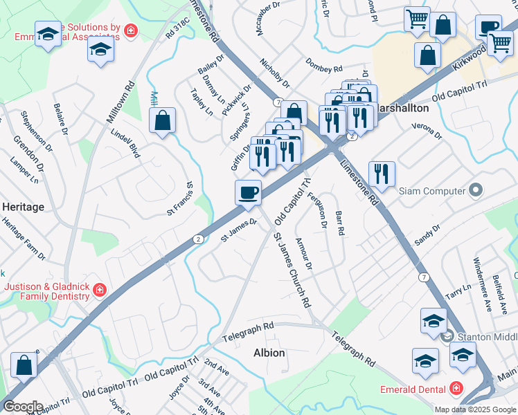 map of restaurants, bars, coffee shops, grocery stores, and more near Saint James Church Road in New Castle County