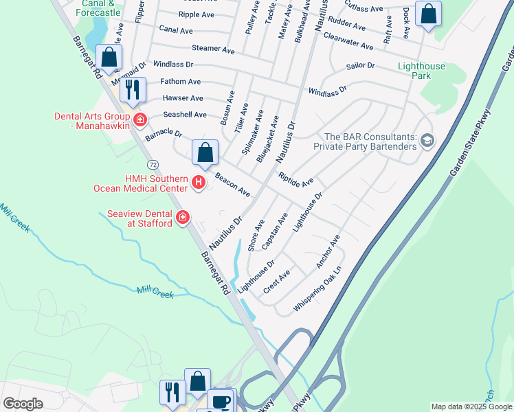 map of restaurants, bars, coffee shops, grocery stores, and more near 81 Nautilus Drive in Stafford Township