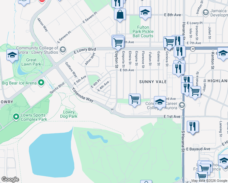 map of restaurants, bars, coffee shops, grocery stores, and more near 368 Dallas Street in Denver