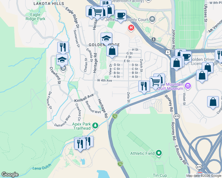map of restaurants, bars, coffee shops, grocery stores, and more near 18234 West 4th Avenue in Golden
