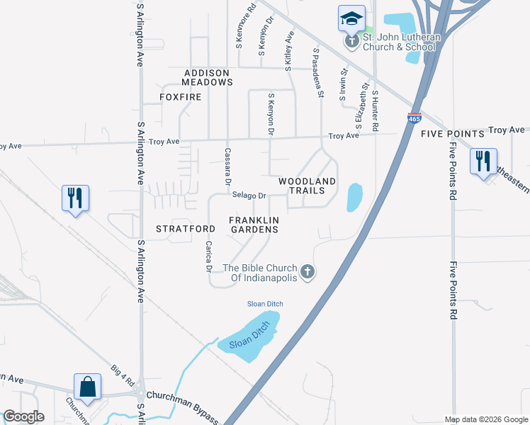 map of restaurants, bars, coffee shops, grocery stores, and more near 3205 Pavetto Lane in Indianapolis
