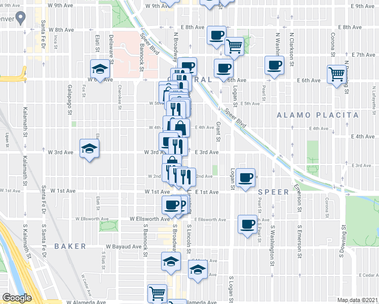 map of restaurants, bars, coffee shops, grocery stores, and more near East 3rd Avenue & Lincoln Street in Denver