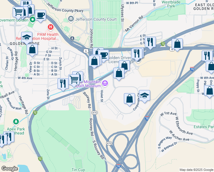 map of restaurants, bars, coffee shops, grocery stores, and more near 17270 West Colfax Avenue in Golden