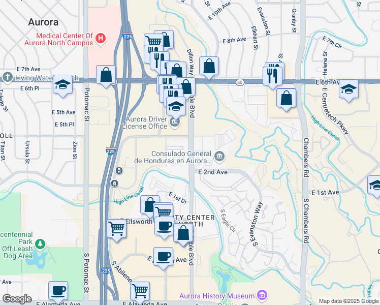 map of restaurants, bars, coffee shops, grocery stores, and more near Sable Boulevard in Aurora