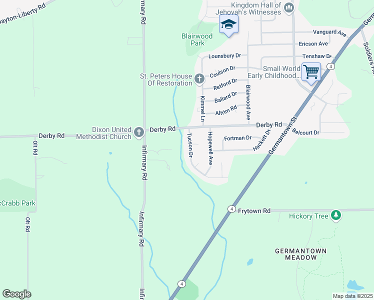 map of restaurants, bars, coffee shops, grocery stores, and more near 5336 Tucson Drive in Dayton
