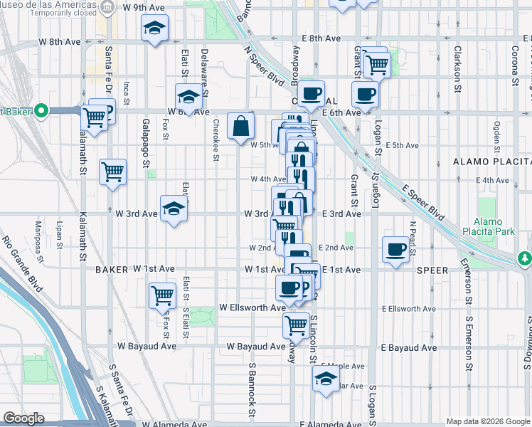 map of restaurants, bars, coffee shops, grocery stores, and more near West 3rd Avenue & Acoma Street in Denver