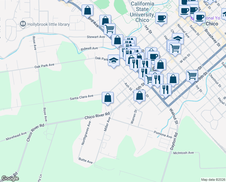 map of restaurants, bars, coffee shops, grocery stores, and more near 1409 West 3rd Street in Chico
