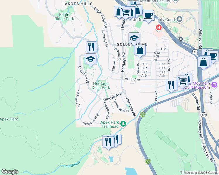 map of restaurants, bars, coffee shops, grocery stores, and more near 322 Berthoud Way in Golden