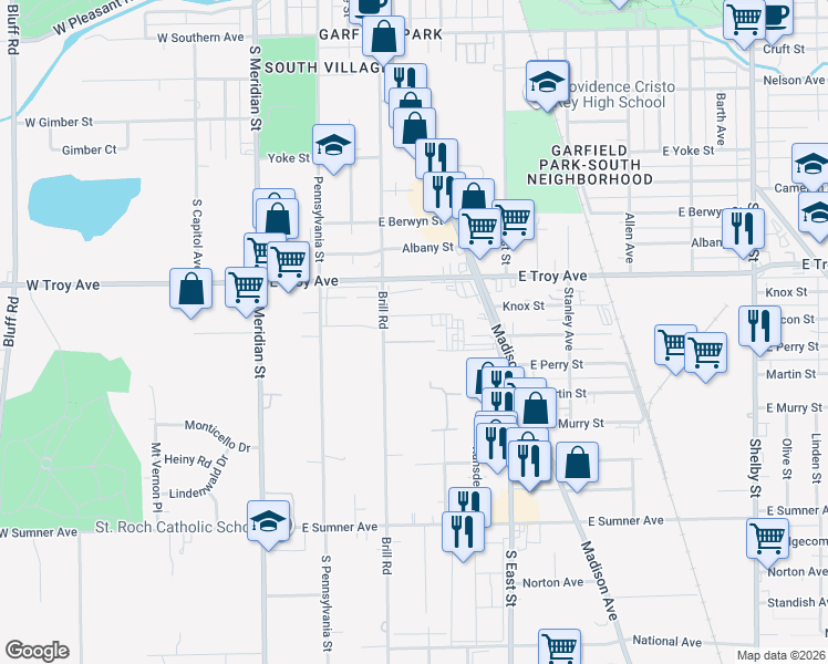 map of restaurants, bars, coffee shops, grocery stores, and more near 322 Teddy Lane in Indianapolis