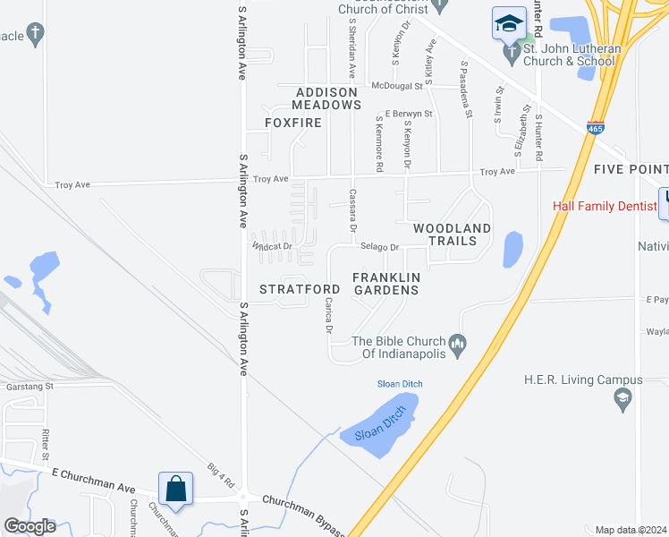 map of restaurants, bars, coffee shops, grocery stores, and more near 3221 Carica Drive in Indianapolis