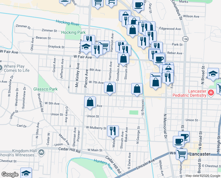 map of restaurants, bars, coffee shops, grocery stores, and more near 622 Harrison Avenue in Lancaster