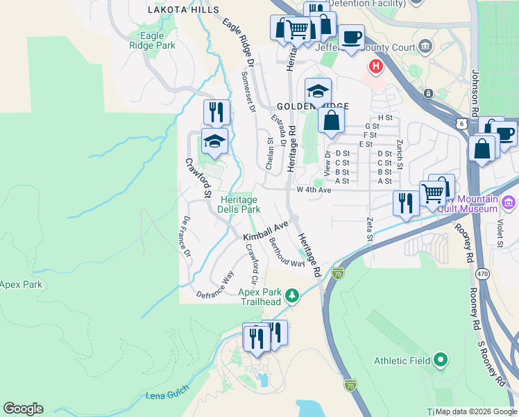 map of restaurants, bars, coffee shops, grocery stores, and more near 322 Berthoud Way in Golden
