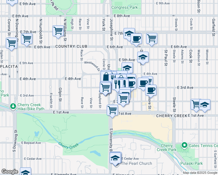 map of restaurants, bars, coffee shops, grocery stores, and more near University Boulevard in Denver