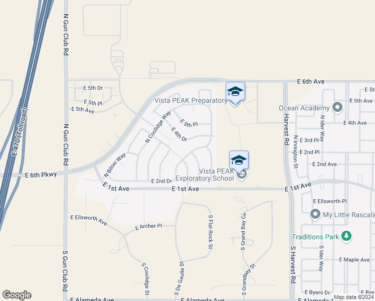 map of restaurants, bars, coffee shops, grocery stores, and more near 24283 East 2nd Drive in Aurora