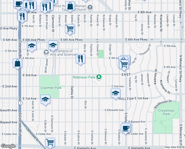 map of restaurants, bars, coffee shops, grocery stores, and more near 5100 East 3rd Avenue in Denver