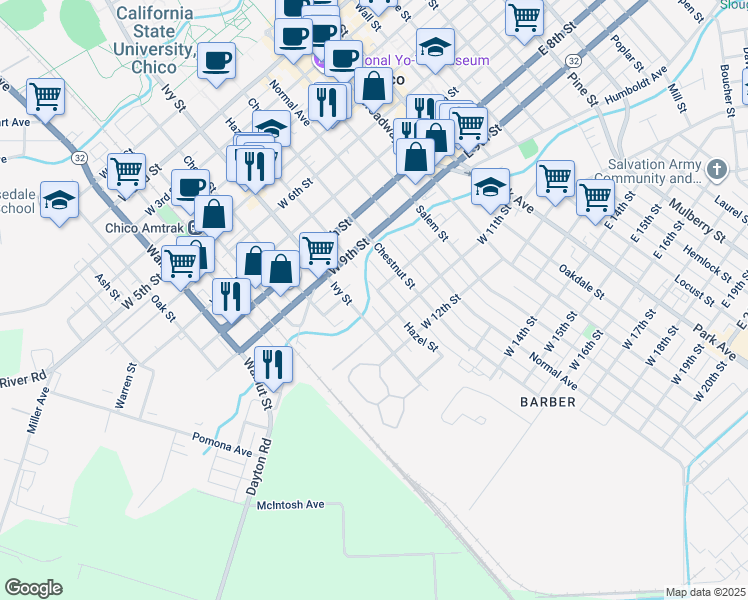 map of restaurants, bars, coffee shops, grocery stores, and more near 1004 Hazel Street in Chico