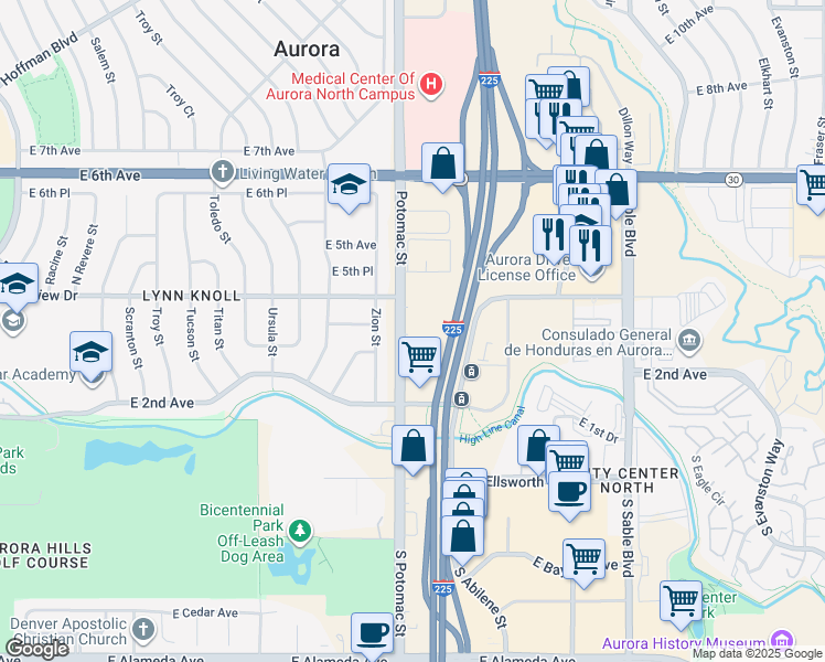 map of restaurants, bars, coffee shops, grocery stores, and more near 399 North Potomac Circle in Aurora