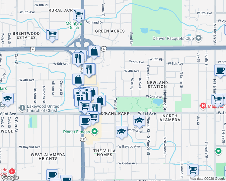 map of restaurants, bars, coffee shops, grocery stores, and more near 320 Teller Street in Lakewood