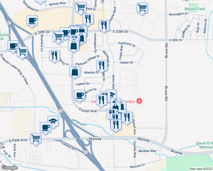 map of restaurants, bars, coffee shops, grocery stores, and more near 2198 Talbert Drive in Chico
