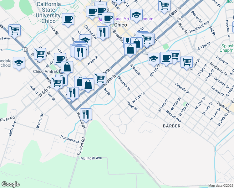 map of restaurants, bars, coffee shops, grocery stores, and more near 942 Hazel Street in Chico