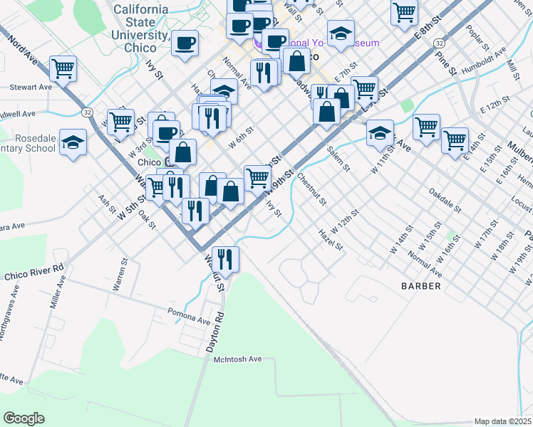 map of restaurants, bars, coffee shops, grocery stores, and more near 918 Ivy Street in Chico