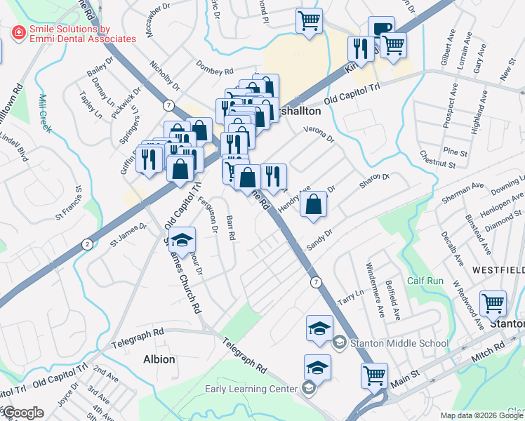 map of restaurants, bars, coffee shops, grocery stores, and more near 2015 Limestone Road in Wilmington