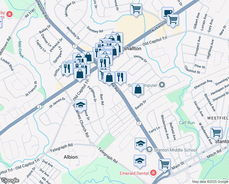 map of restaurants, bars, coffee shops, grocery stores, and more near 2015 Limestone Road in Wilmington