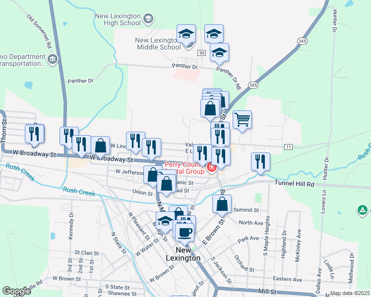 map of restaurants, bars, coffee shops, grocery stores, and more near 245 Valentine Drive in New Lexington