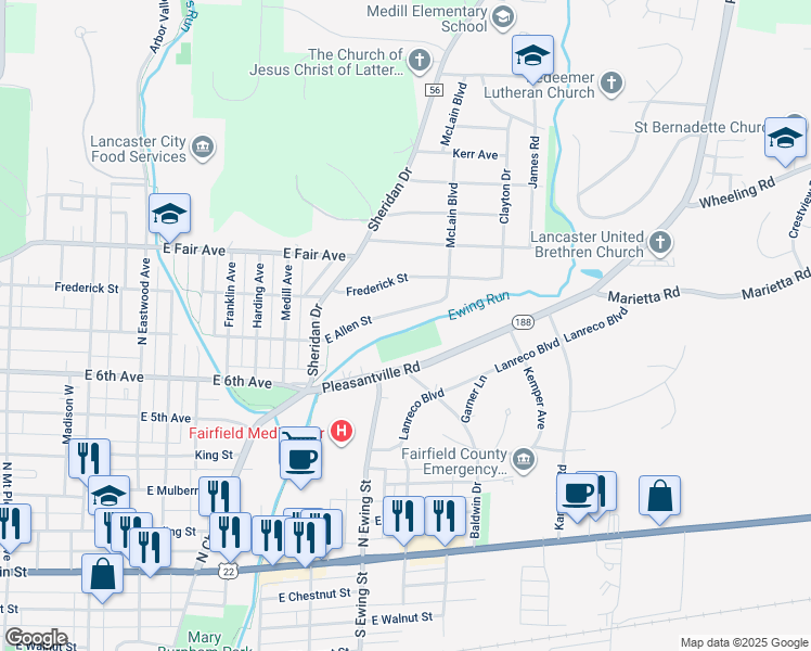 map of restaurants, bars, coffee shops, grocery stores, and more near 1313 East Allen Street in Lancaster