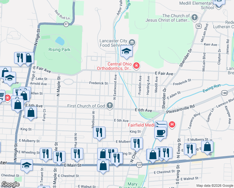 map of restaurants, bars, coffee shops, grocery stores, and more near 722 North Eastwood Avenue in Lancaster