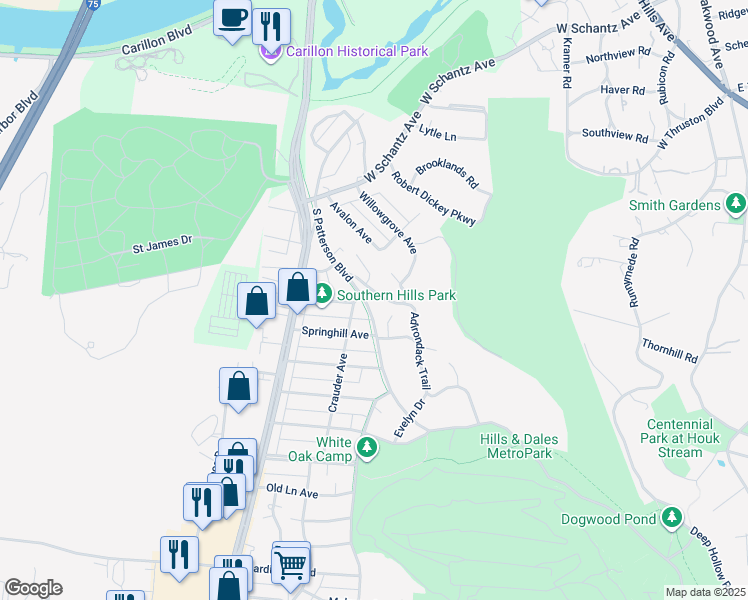 map of restaurants, bars, coffee shops, grocery stores, and more near 1408 Adirondack Trail in Dayton