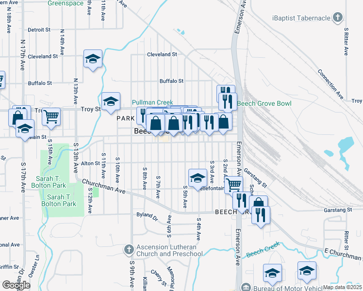 map of restaurants, bars, coffee shops, grocery stores, and more near 515 Main Street in Beech Grove