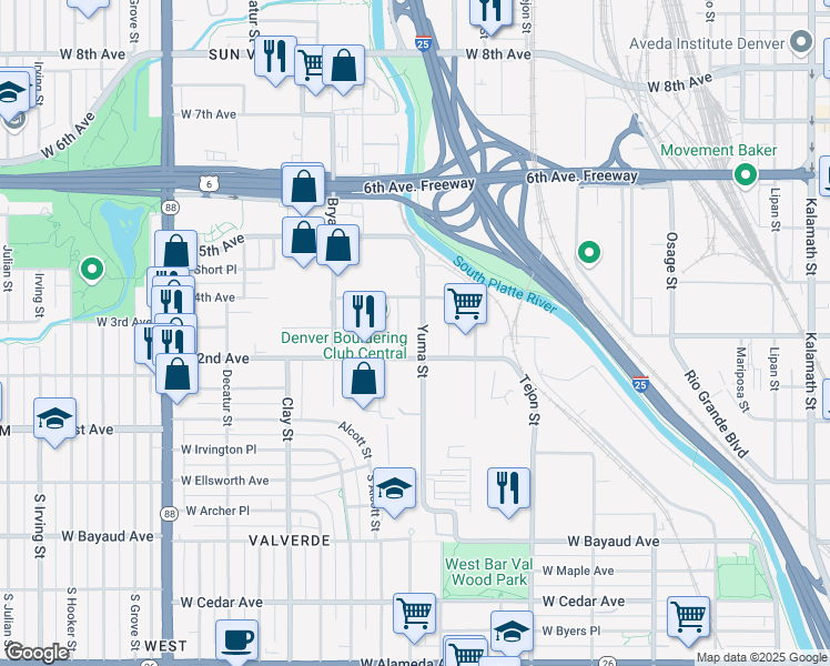 map of restaurants, bars, coffee shops, grocery stores, and more near 230-398 Yuma Street in Denver