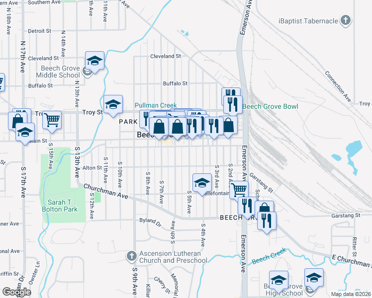 map of restaurants, bars, coffee shops, grocery stores, and more near 515 Main Street in Beech Grove