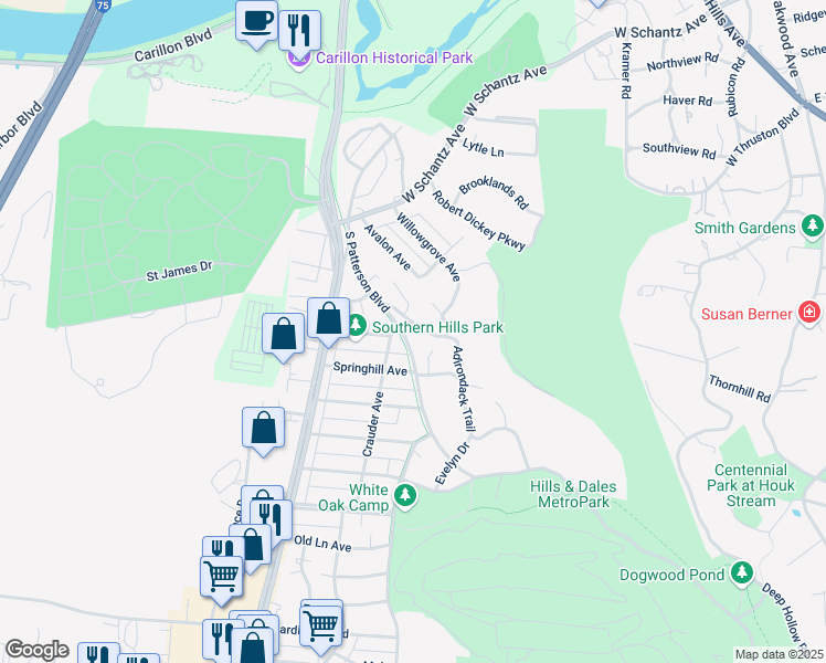map of restaurants, bars, coffee shops, grocery stores, and more near 2358 South Patterson Boulevard in Kettering