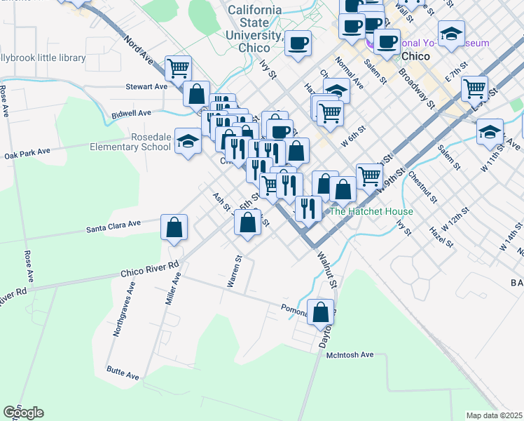 map of restaurants, bars, coffee shops, grocery stores, and more near 1144 West 6th Street in Chico